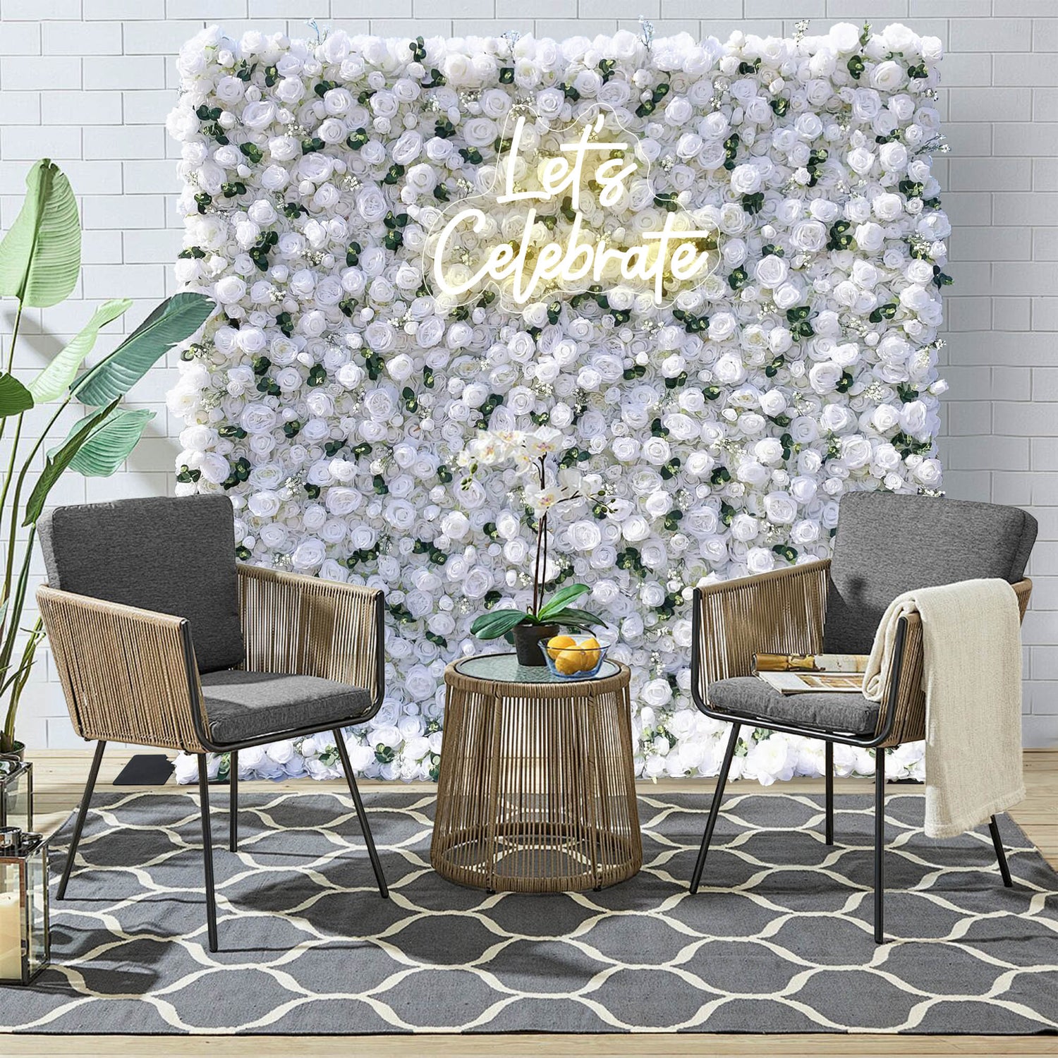Ali Flowers White Artificial Rose Flower Wall with Simulated Green Plants for Wedding Party Banquet Decoration ALFWL013 - Ali Flowers