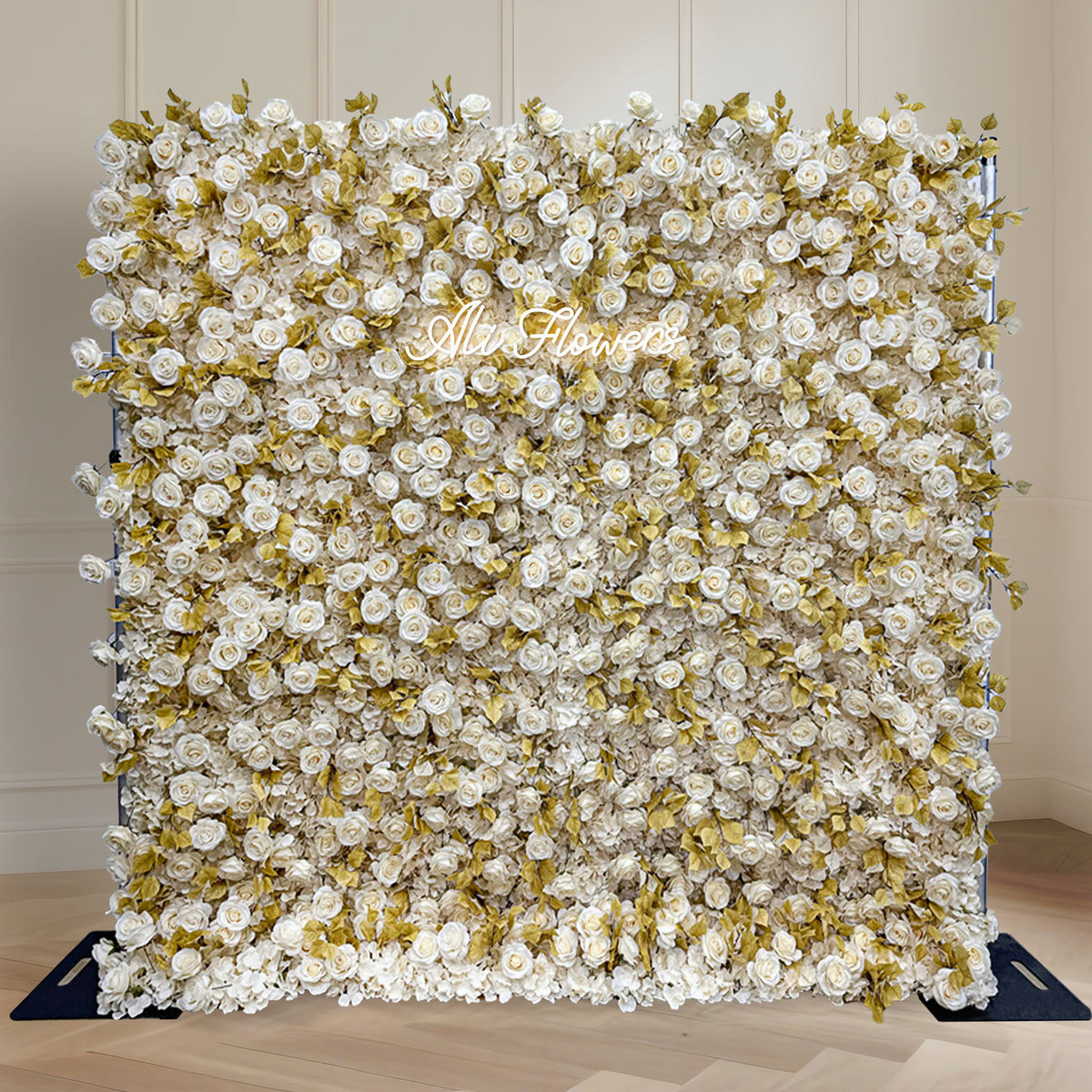 3D Light Yellow Rose and Autumn Leaves Fabric Flower Wall Wedding Backdrop ALFWL184