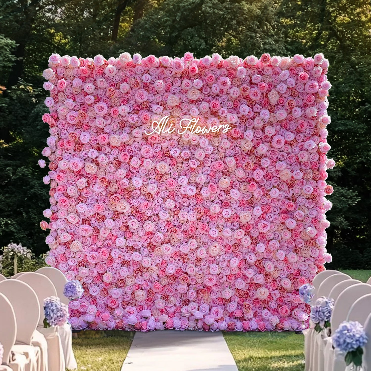 Ali Flowers 3D Artificial Silk Roll Up Cloth Flower Row Wall Pink Rose Wedding Backdrop ALFWL007 - Ali Flowers
