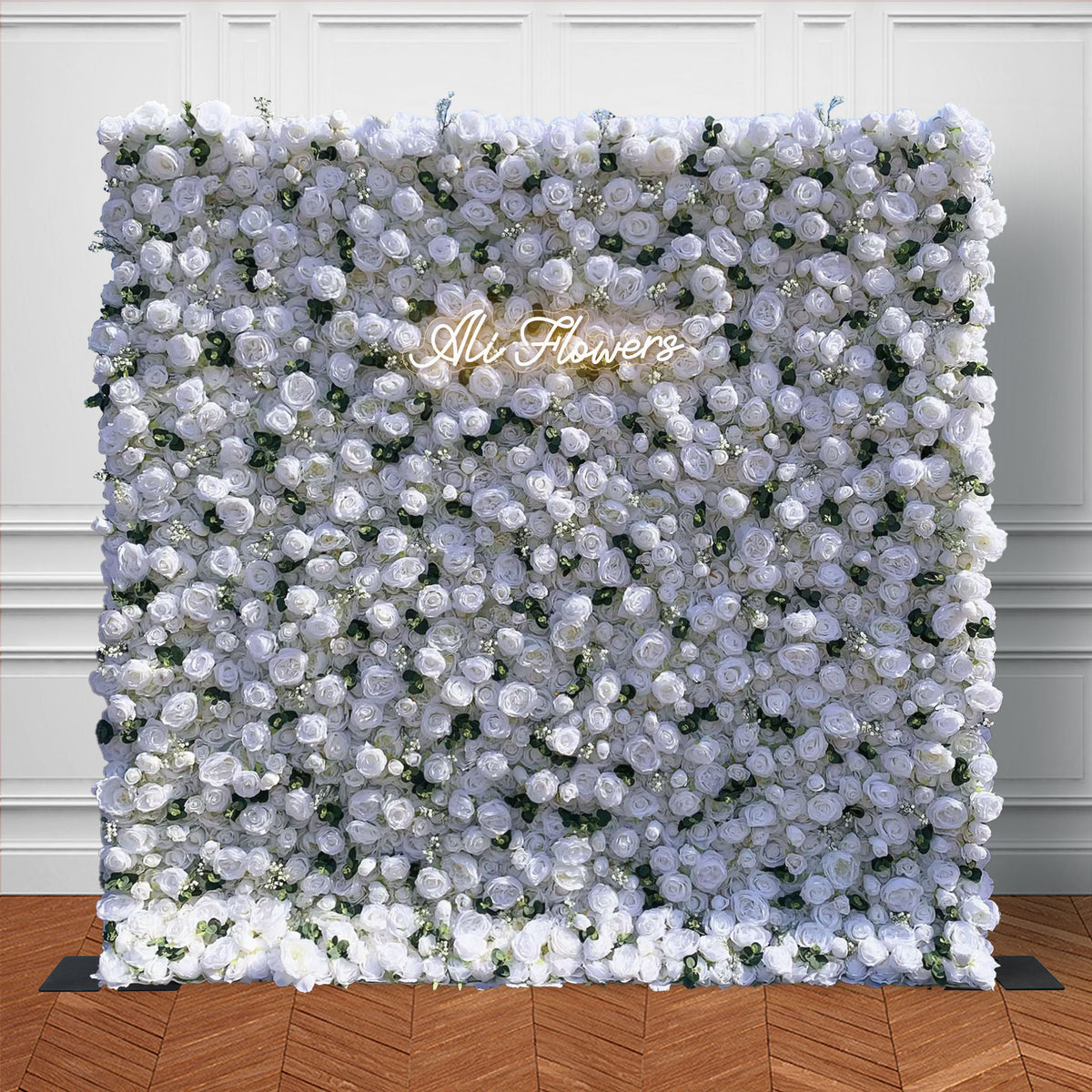 Ali Flowers White Artificial Rose Flower Wall with Simulated Green Plants for Wedding Party Banquet Decoration ALFWL013 - Ali Flowers