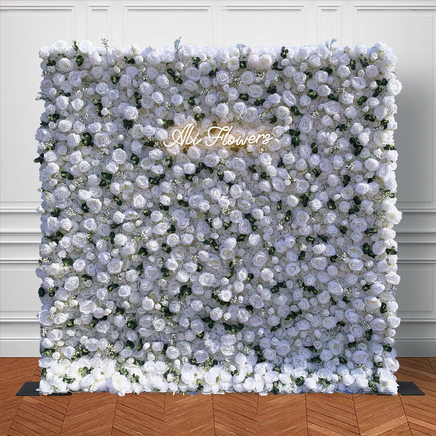 Ali Flowers White Artificial Rose Flower Wall with Simulated Green Plants for Wedding Party Banquet Decoration ALFWL013 - Ali Flowers