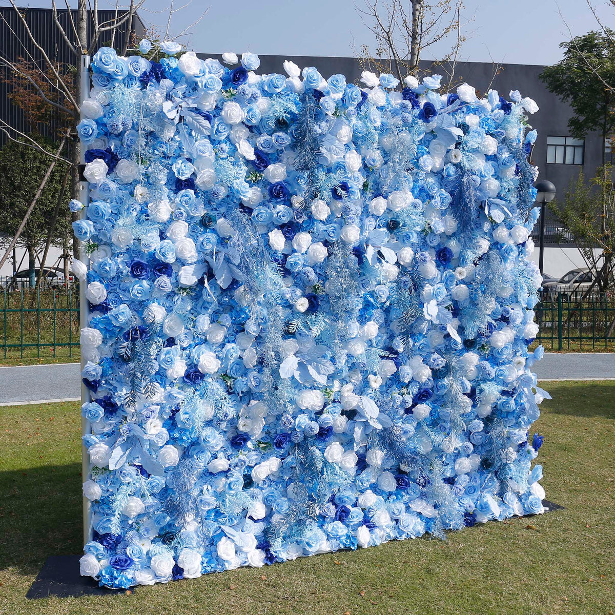 Blue Flowers with White Mist Grass 5D Artificial Floral Wall for Wedding ALFWL034 - Ali Flowers