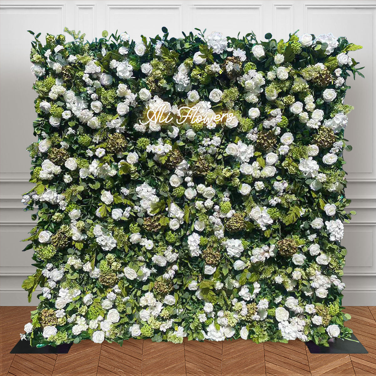 Aliflowers 5D White Rose And Green Leaf Artificial Curtains For Event And Party Backdrops ALFWL185