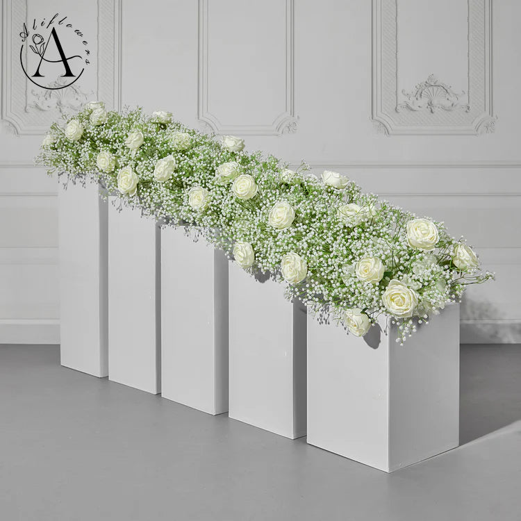 Aliflowers Baby's Breath with White Rose Artificial Flower Runner Ball for Wedding Decor Backdrop Arrangement