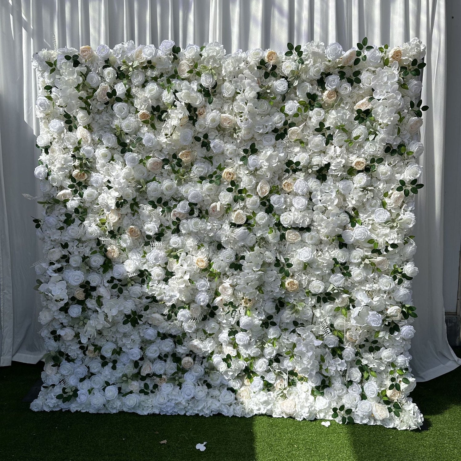 Aliflowers White Rose Green Leaf Premium Fabric Flower Wall Decoration ALFWL179