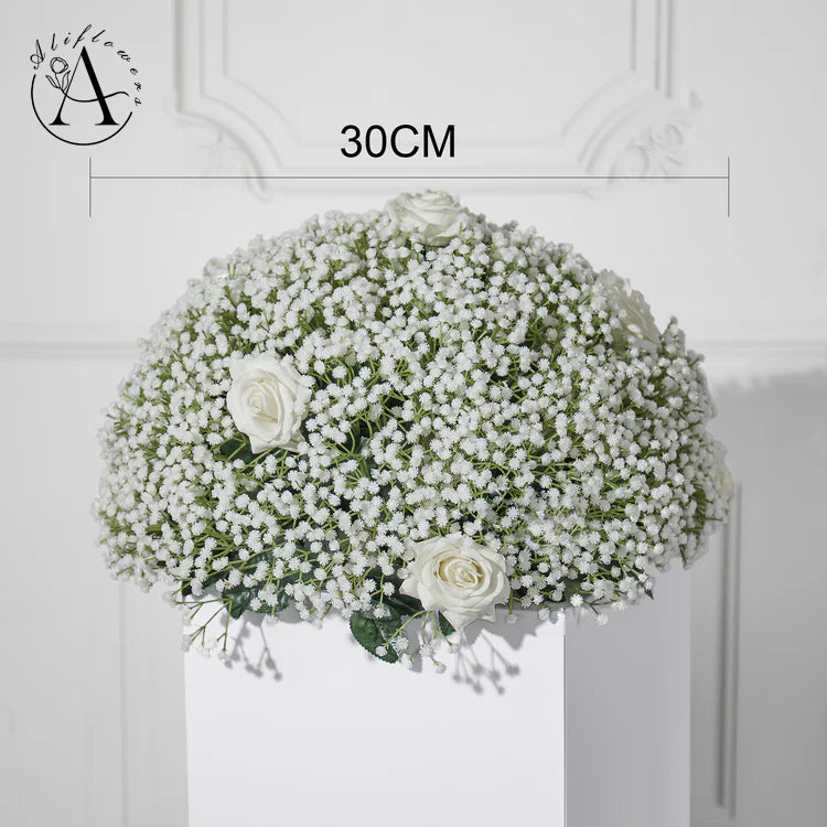 Aliflowers Baby's Breath with White Rose Artificial Flower Runner Ball for Wedding Decor Backdrop Arrangement