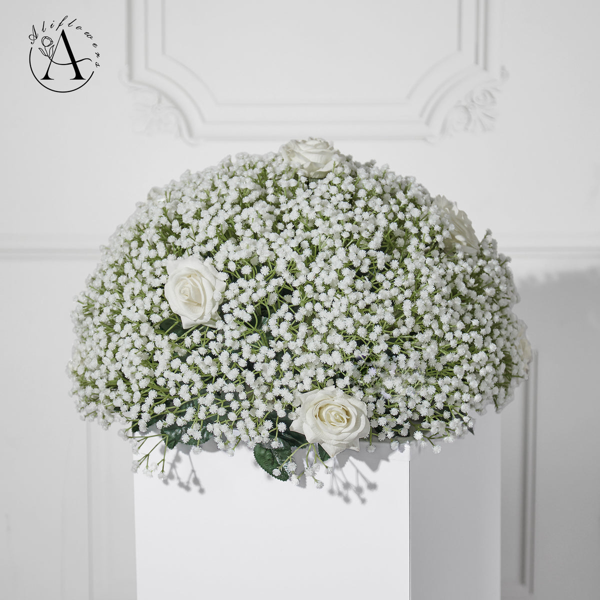 Aliflowers Baby's Breath with White Rose Artificial Flower Runner Ball for Wedding Decor Backdrop Arrangement - Ali Flowers