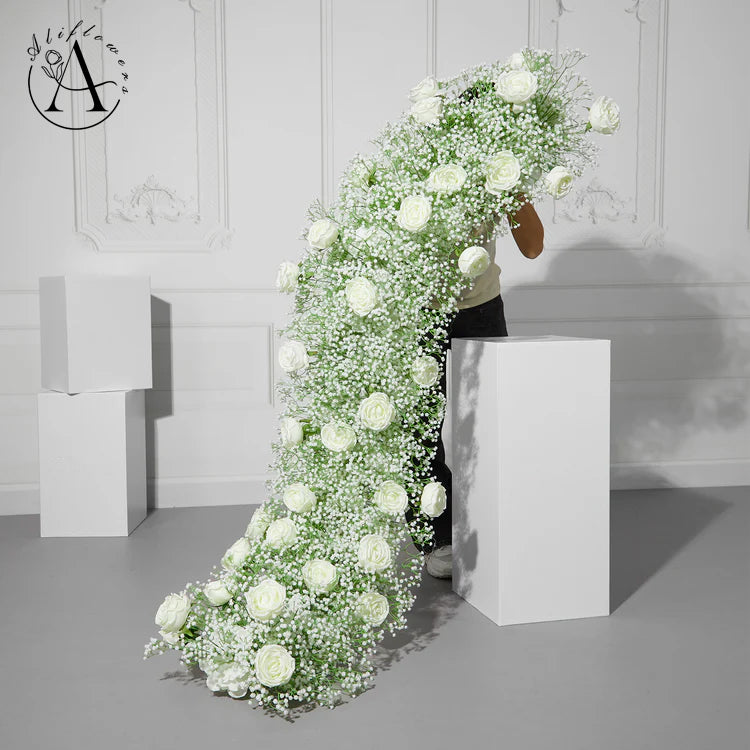 Aliflowers Baby's Breath with White Rose Artificial Flower Runner Ball for Wedding Decor Backdrop Arrangement