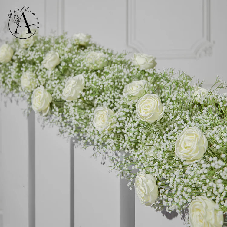 Aliflowers Baby's Breath with White Rose Artificial Flower Runner Ball for Wedding Decor Backdrop Arrangement