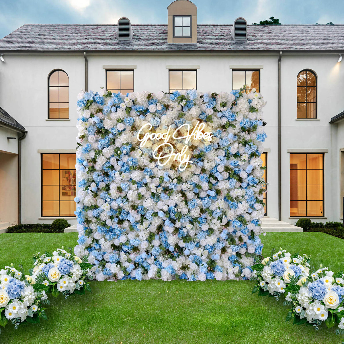 Ali Flowers LIght Blue White Rose Roll Up Silk Artificial Flower Wall Backdrop for Wedding Decoration ALFWL015 - Ali Flowers