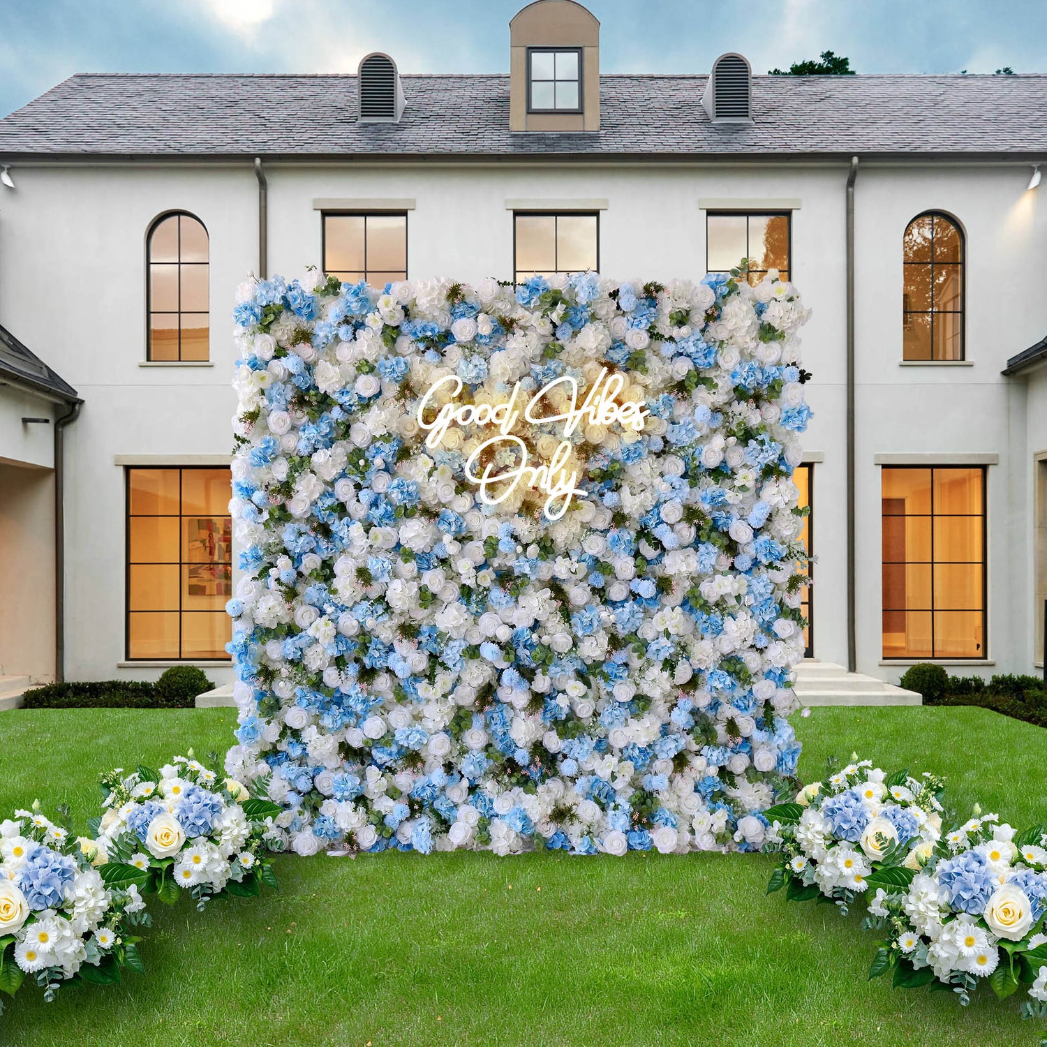Ali Flowers LIght Blue White Rose Roll Up Silk Artificial Flower Wall Backdrop for Wedding Decoration ALFWL015 - Ali Flowers