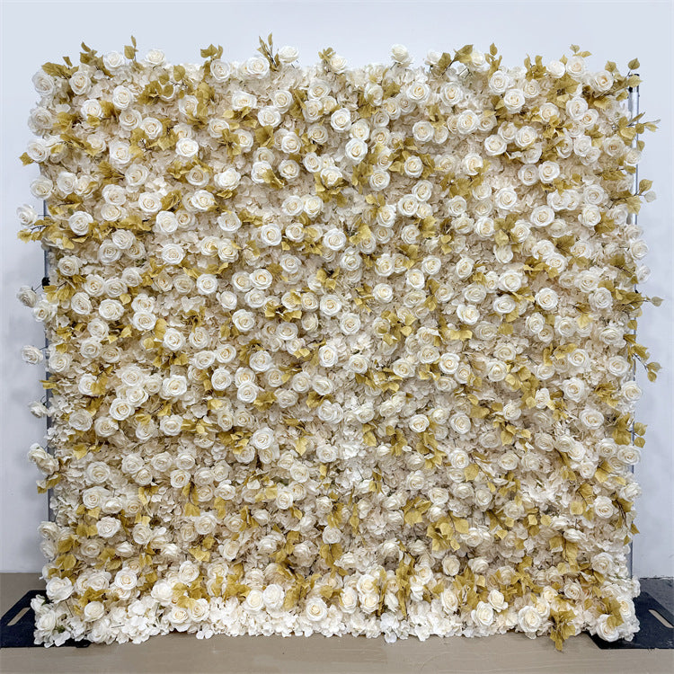 3D Light Yellow Rose and Autumn Leaves Fabric Flower Wall Wedding Backdrop ALFWL184