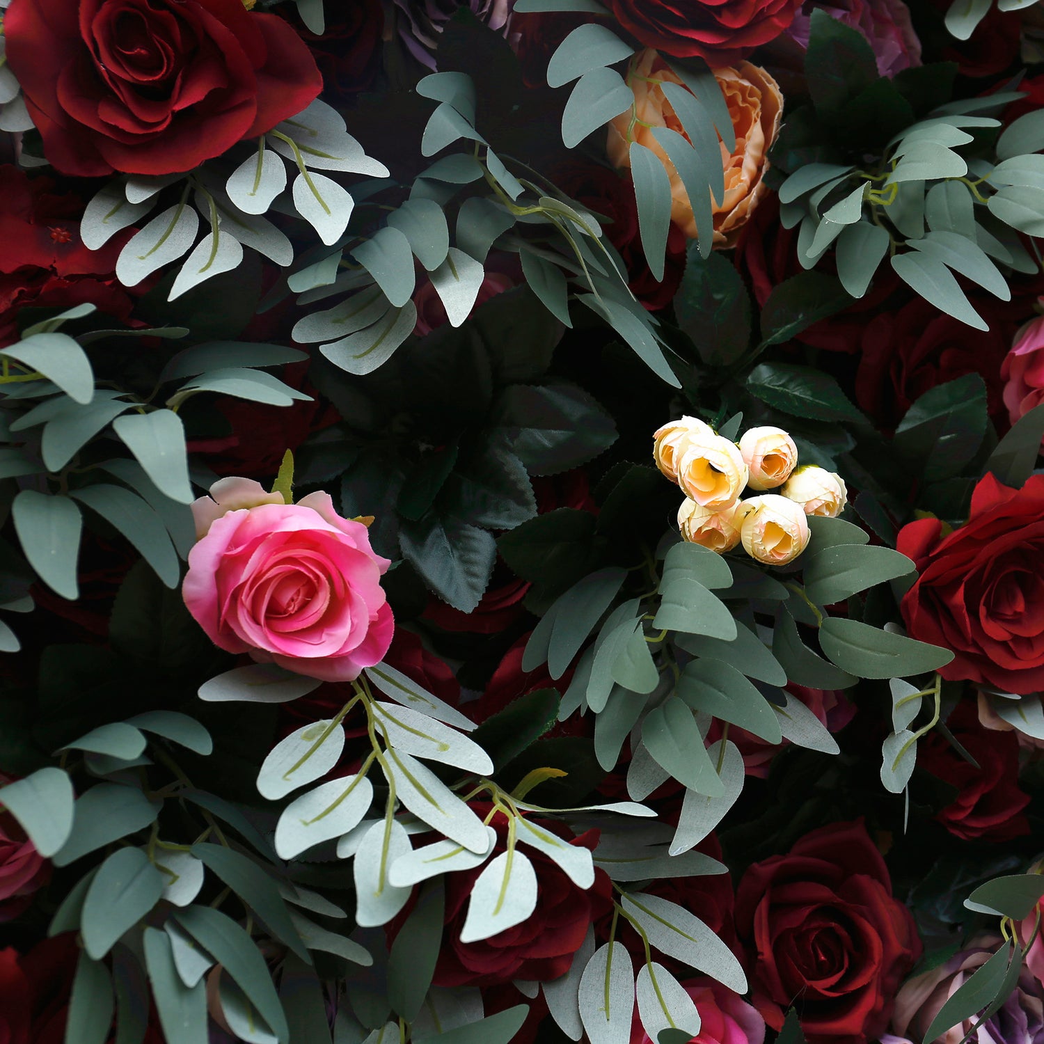 Aliflowers Red Rose with Green Plant Wedding Fabric Flower Wall ALFWL062 - Ali Flowers