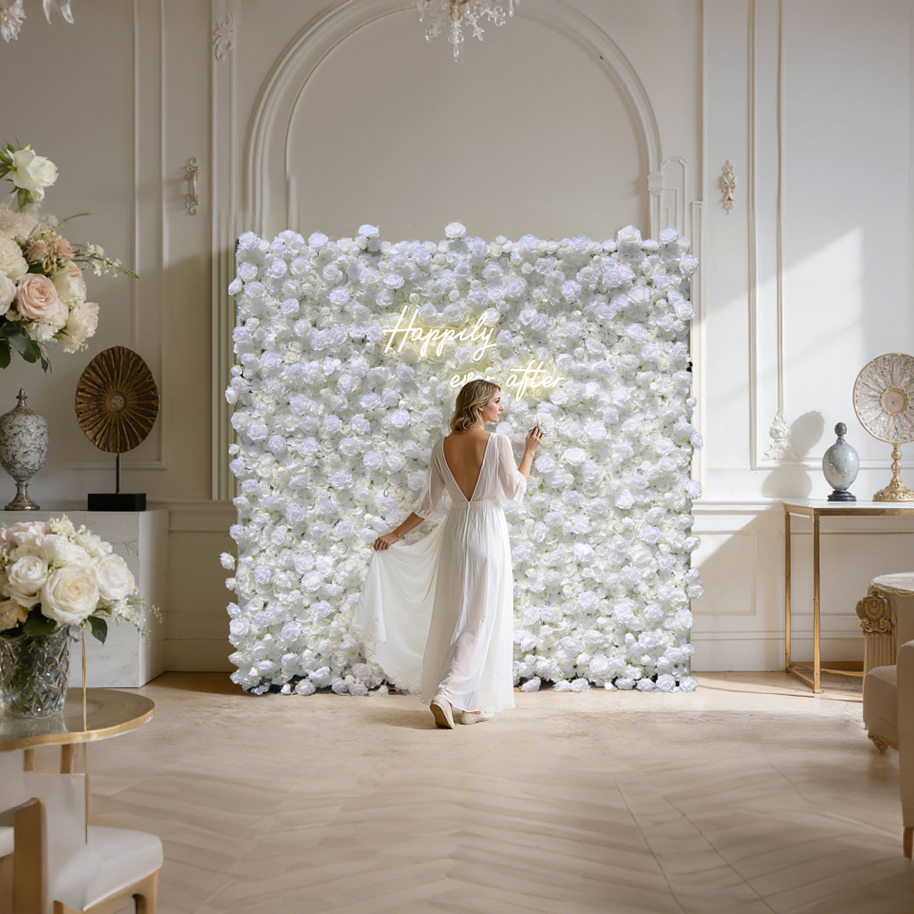 Aliflowers 5D White Rose & Hydrangea Rolling Curtain Flower Wall Backdrop ALFWL130 - Ali Flowers