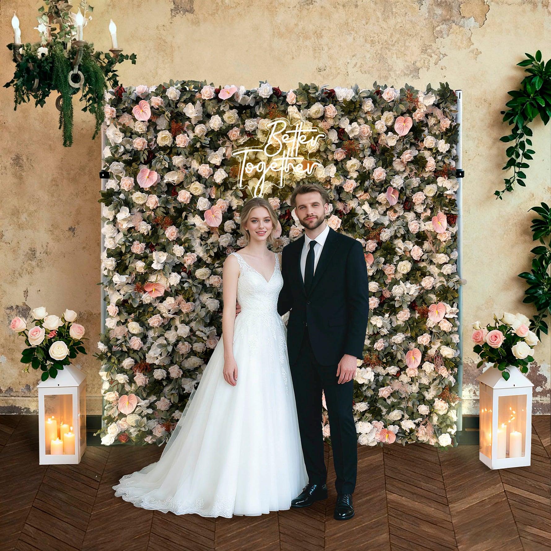 Aliflowers 3D White Rose with Anthurium Wedding Artificial Floral Wall ALFWL093 - Ali Flowers