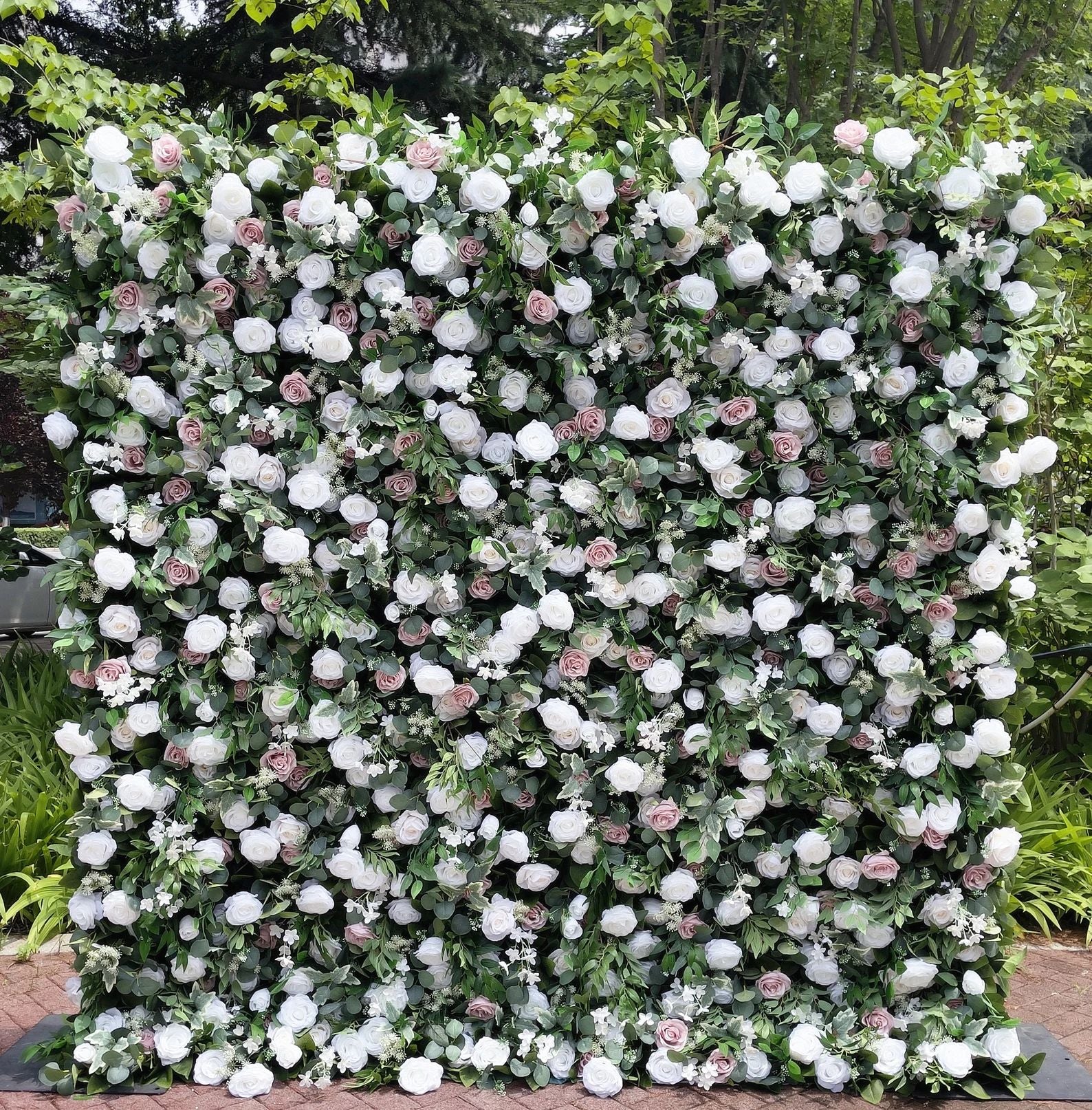 Ali Flowers Artificial Silk White Blush Rose Green Leaves Flower Wall Backdrop for Wedding Decor ALFWL014 - Ali Flowers