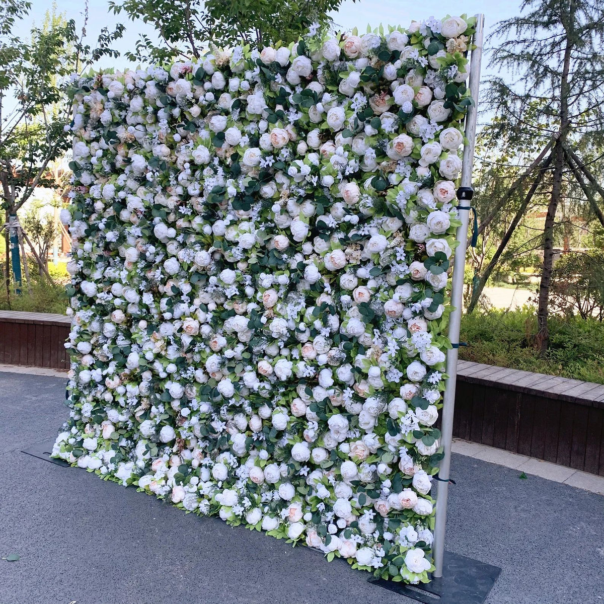 Ali Flowers Luxury White Rose Silk Leaves Flower Wall Artificial 3D Flower Wall Backdrop Roll Up Cloth ALFWL010 - Ali Flowers