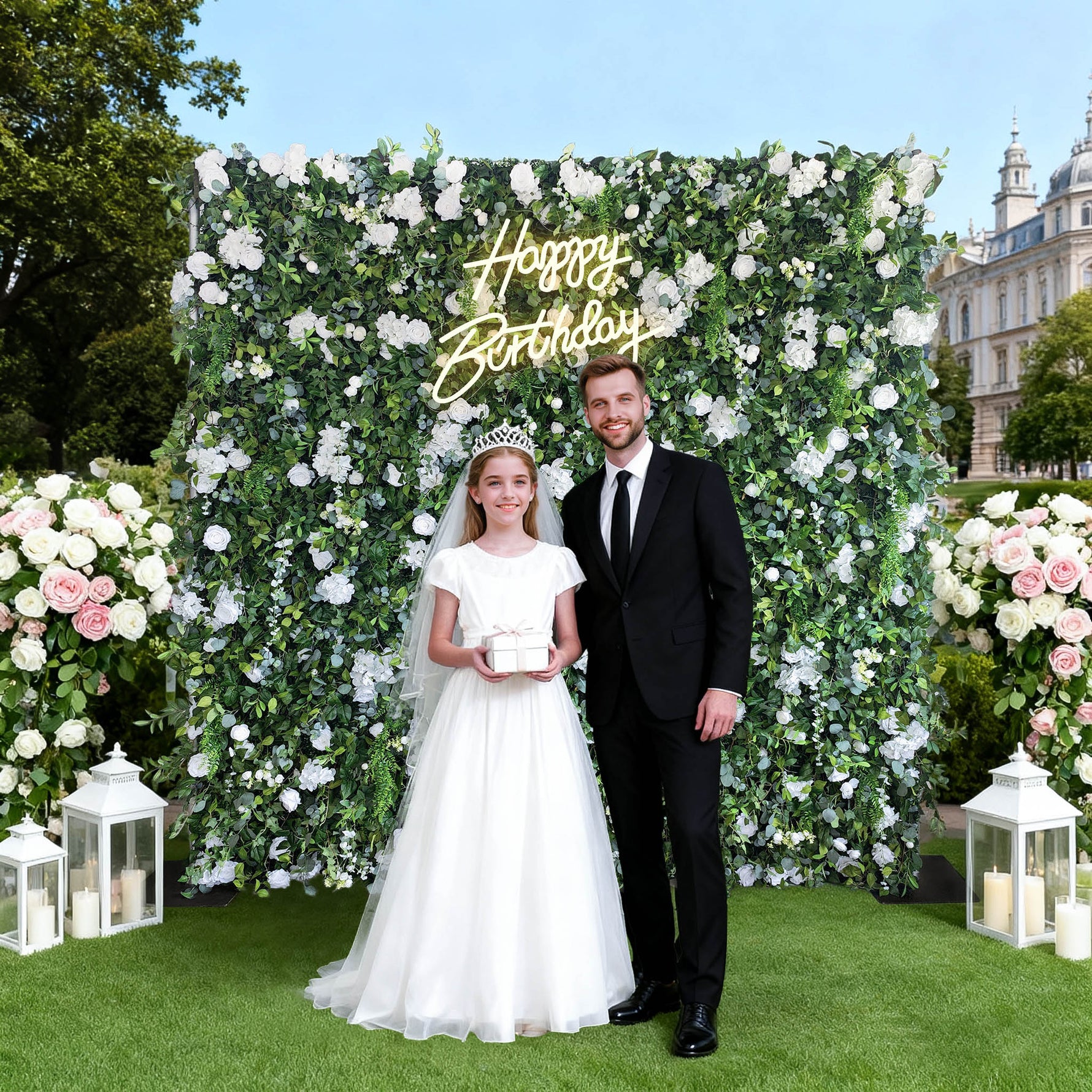 Aliflowers 3D White Rose & Green Leaf Roll-Up Flower Wall – Wedding & Party