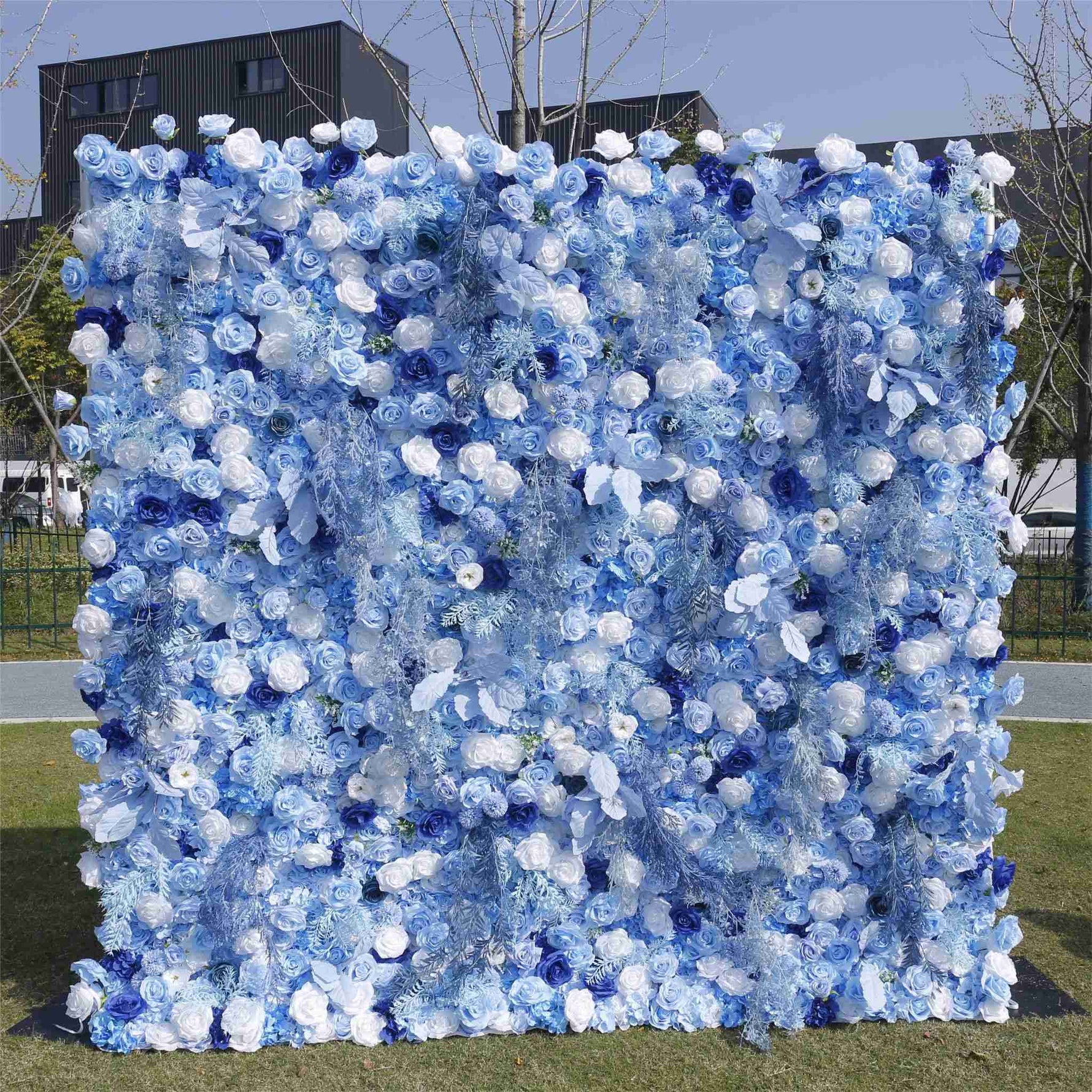 Blue Flowers with White Mist Grass 5D Artificial Floral Wall for Wedding ALFWL034 - Ali Flowers