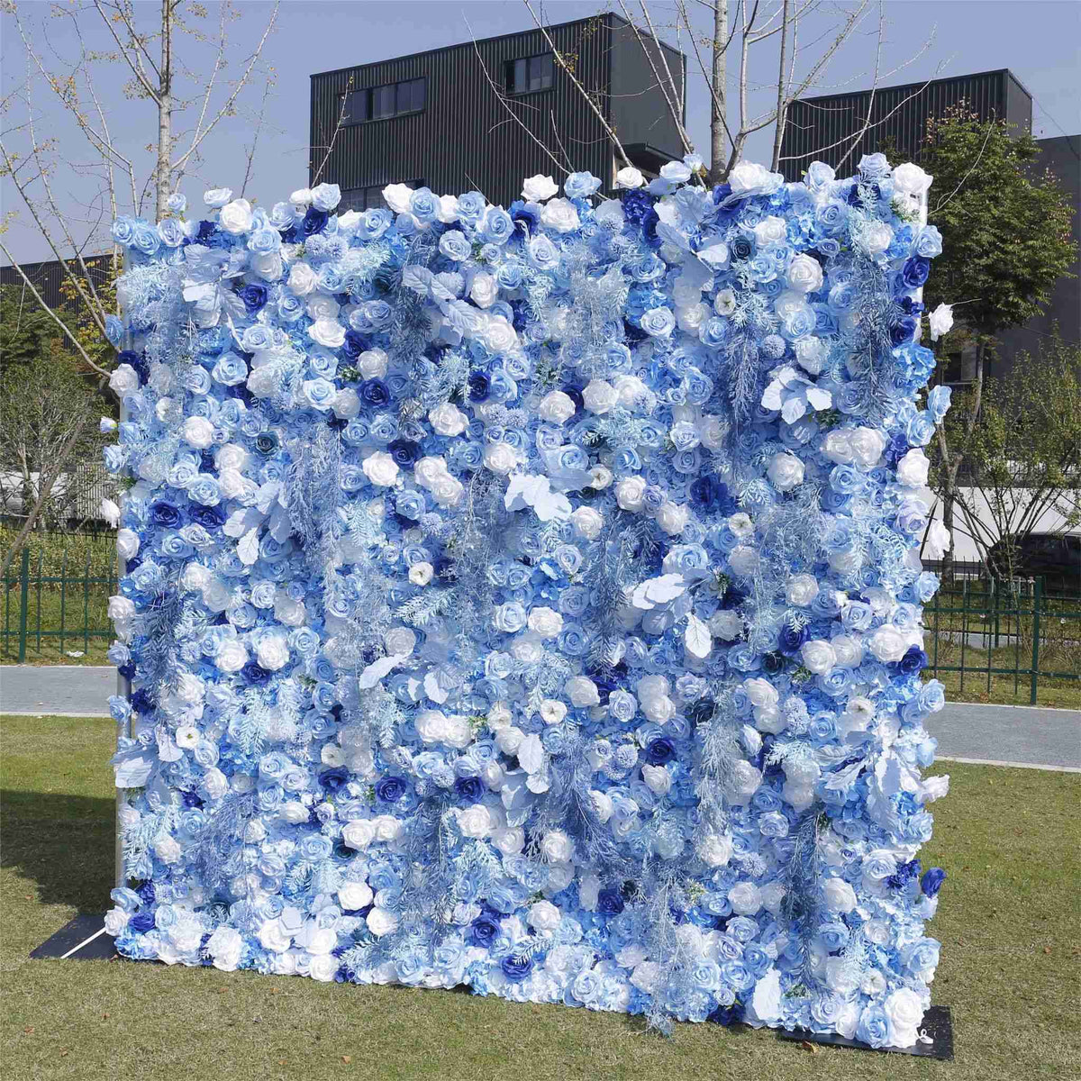 Blue Flowers with White Mist Grass 5D Artificial Floral Wall for Wedding ALFWL034 - Ali Flowers