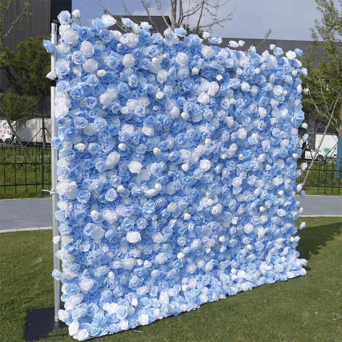 Aliflowers 5D Sky Blue with White Rose Roll Up Flower Wall Curtain Event Party Wedding Backdrop Decor ALFWL035 - Ali Flowers