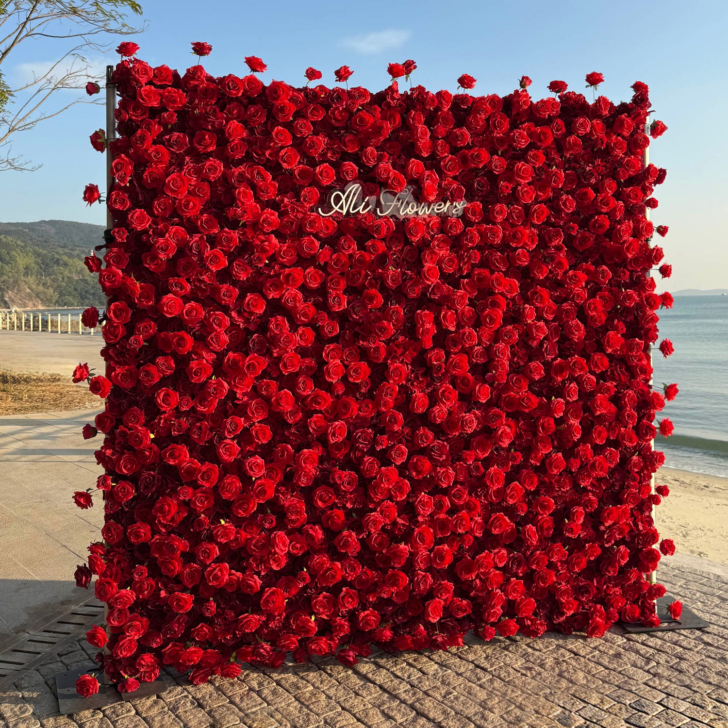 Aliflowers 5D Scarlet Red Rose Cloth Rolling Up Flower Wall ALFWL027 - Ali Flowers