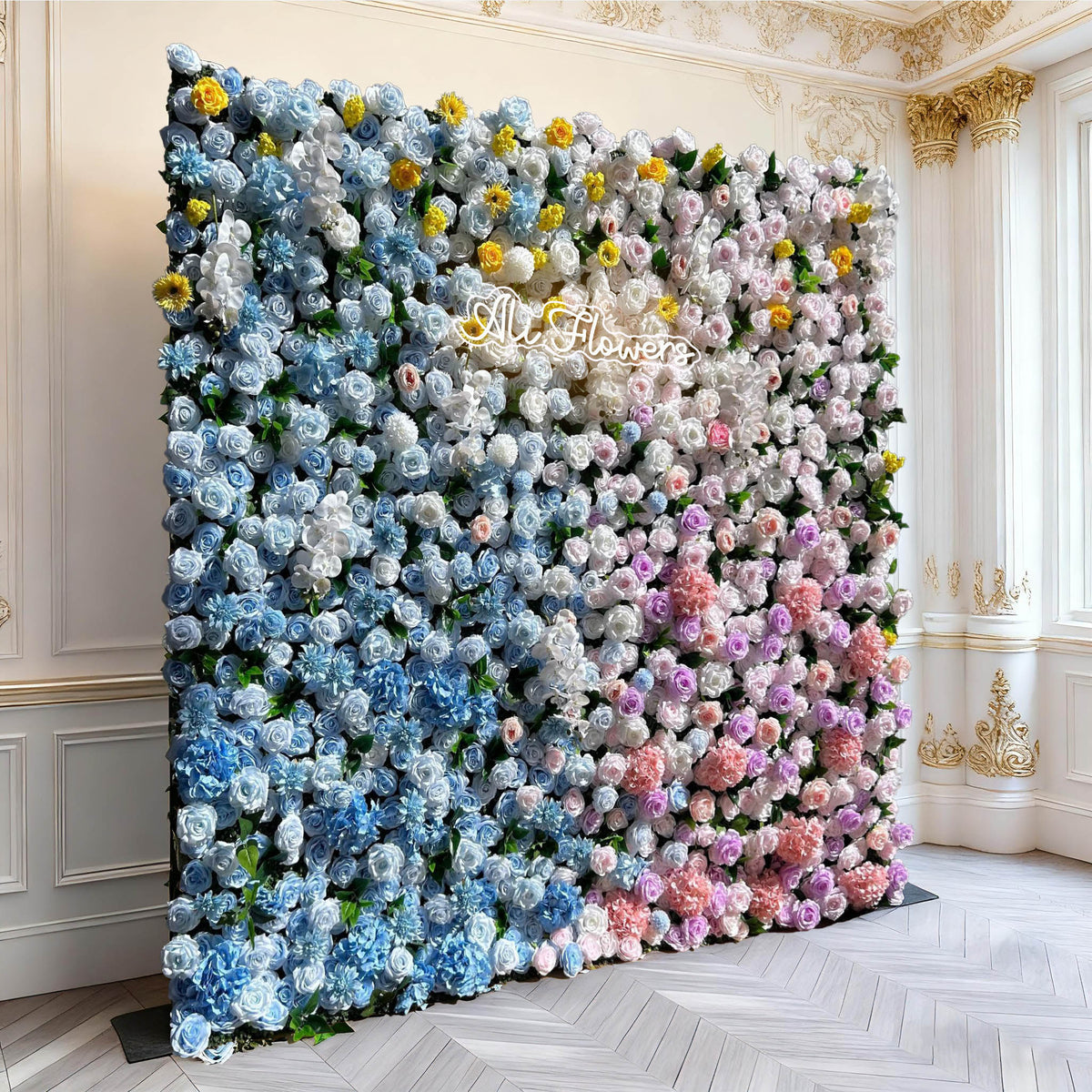 Aliflowers 5D Blue And Pink Rose And Hydrangea Floral Wall Backdrop, Suitable for Wedding Decoration ALFWL199