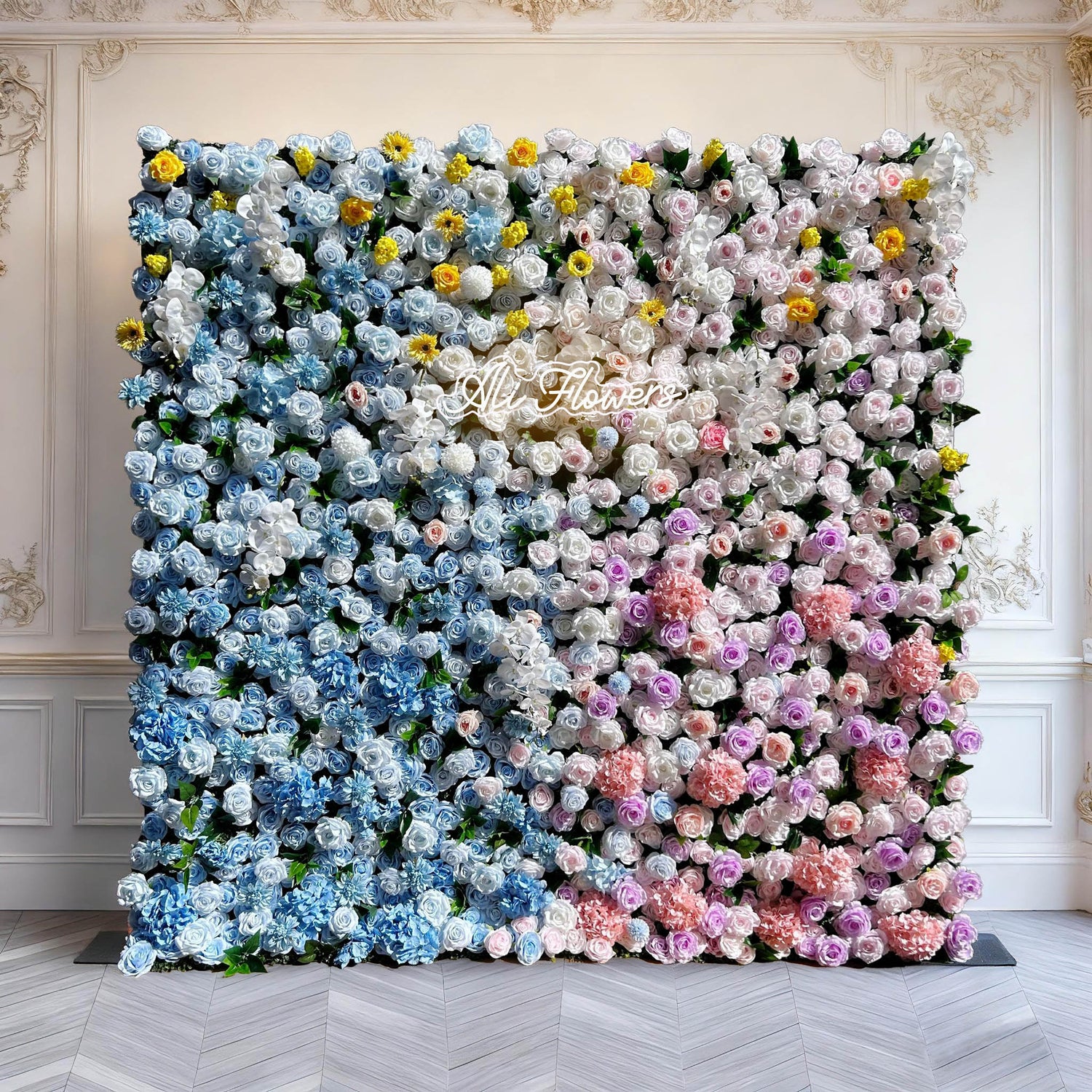 Aliflowers 5D Blue And Pink Rose And Hydrangea Floral Wall Backdrop, Suitable for Wedding Decoration ALFWL199