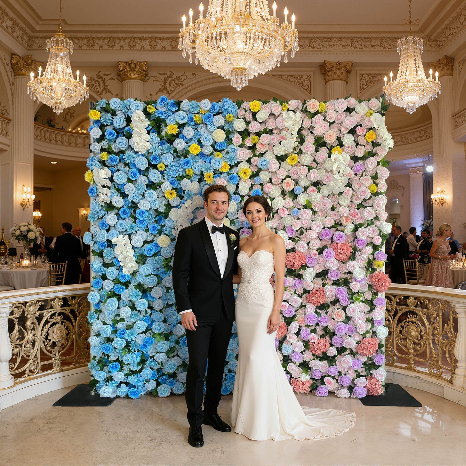 Aliflowers 5D Blue And Pink Rose And Hydrangea Floral Wall Backdrop, Suitable for Wedding Decoration ALFWL199