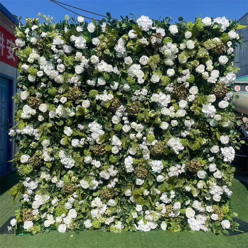 Aliflowers 5D White Rose & Green Leaf Artificial Curtain Flower Wall for Event & Party Backdrop ALFWL185