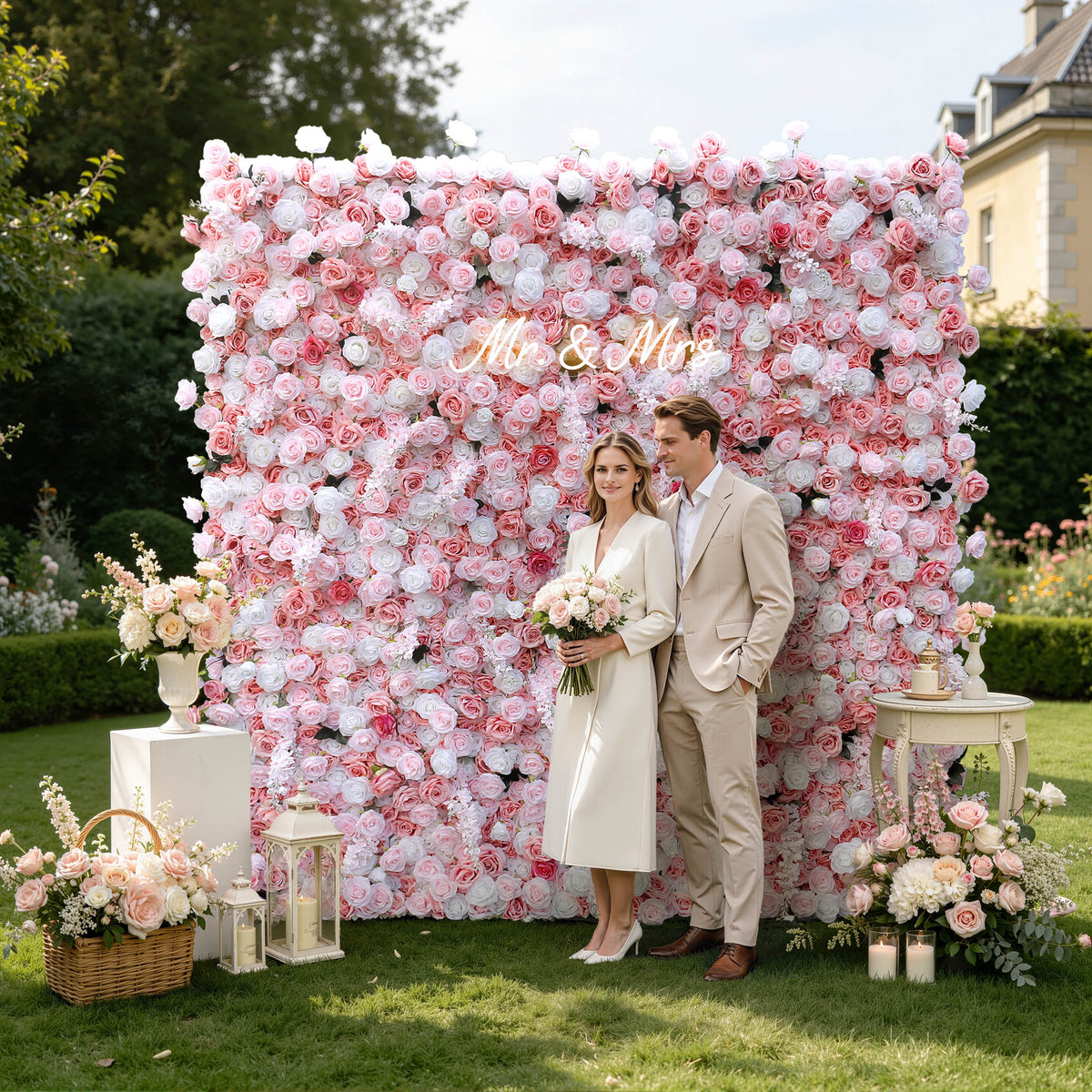 Aliflowers 5D-Pink Rose with Larkspur Wedding Fabric Flower Wall ALFWL096 - Ali Flowers
