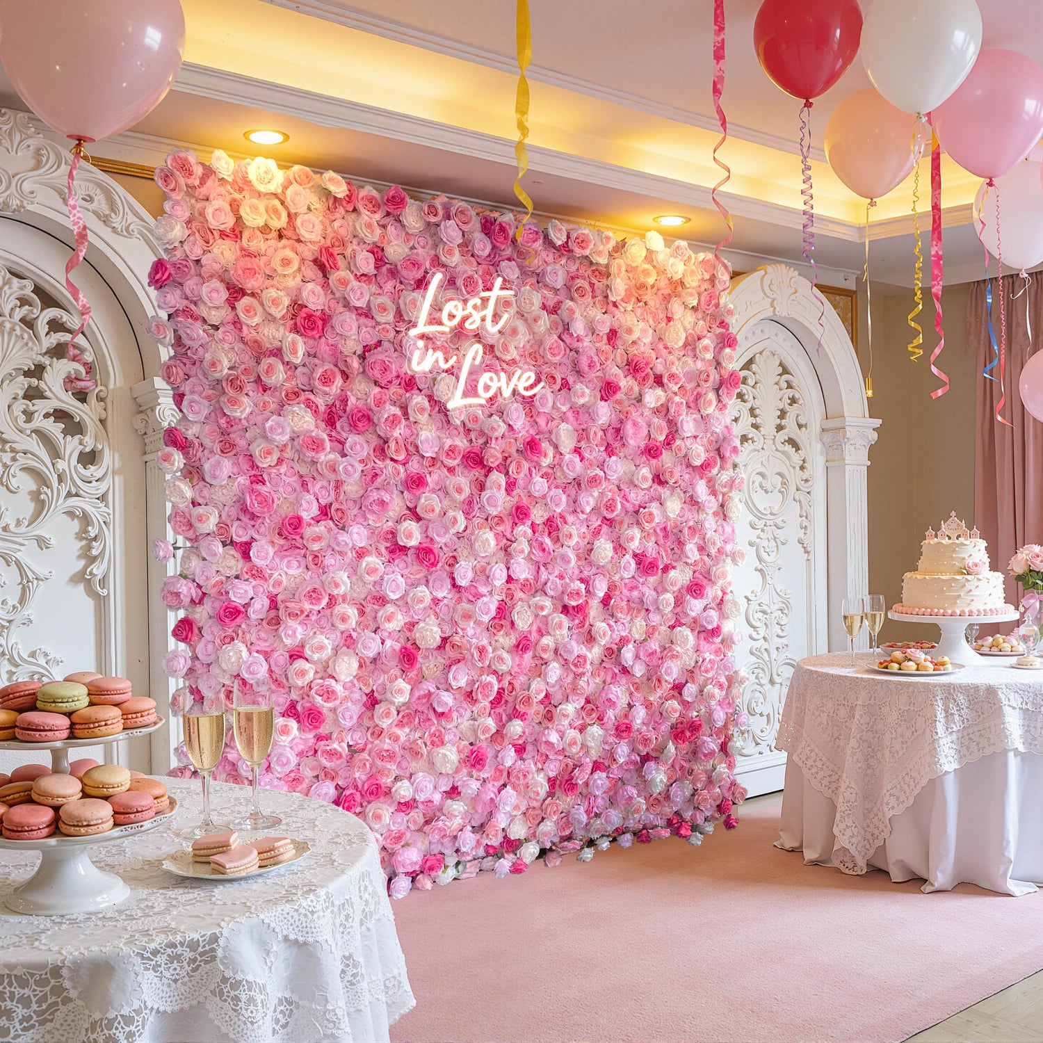 Ali Flowers 3D Artificial Silk Roll Up Cloth Flower Row Wall Pink Rose Wedding Backdrop ALFWL007 - Ali Flowers