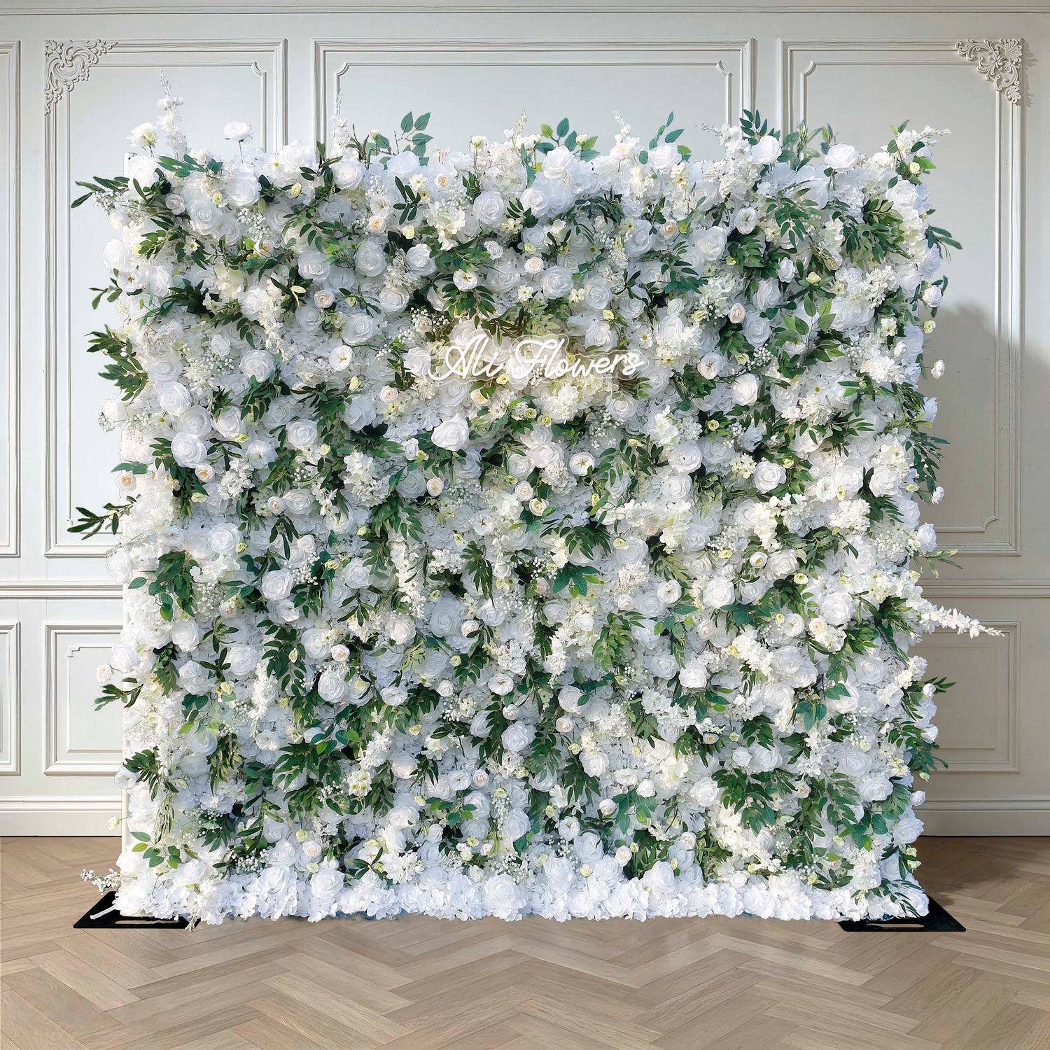 Aliflowers 5D White Rose with Larkspur Flower Wall Backdrop ALFWL039