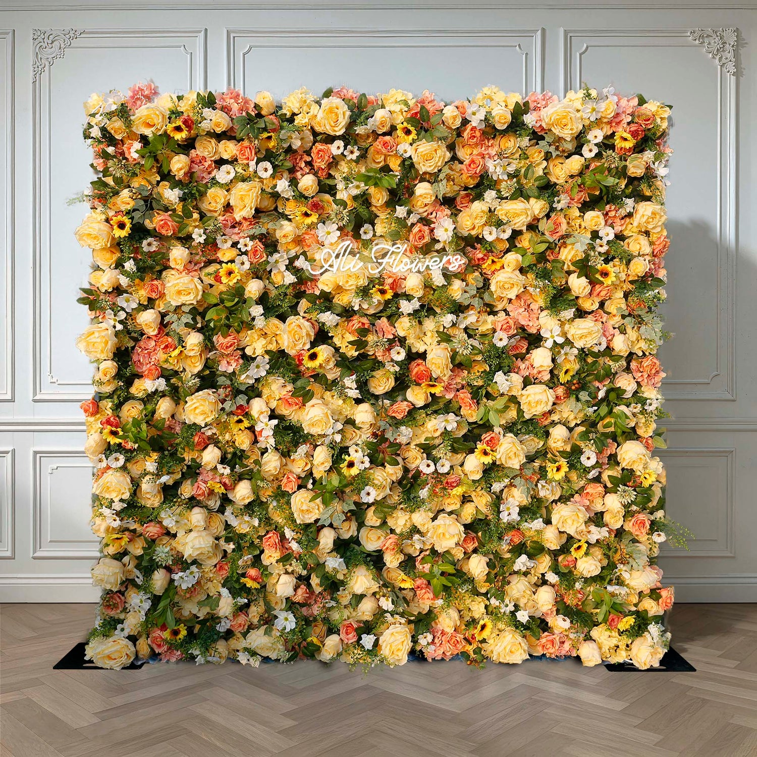 Aliflowers Sun Flowers with Green Hanging Curtain Plant Wall 3D Flowers ALFWL086