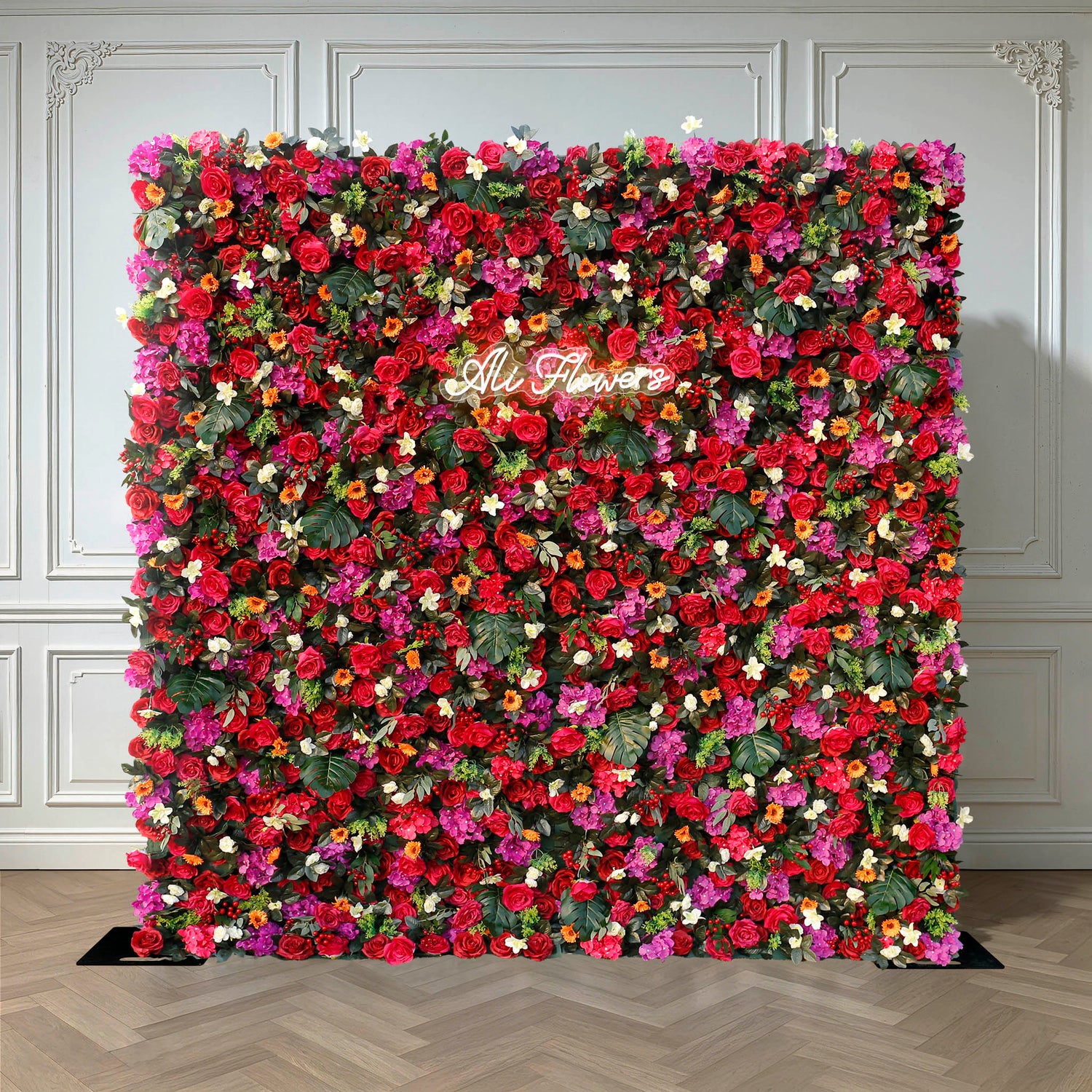 Aliflowers Red Rose with Hanging Greenery Artificial Flower Wall Backdrop ALFWL094