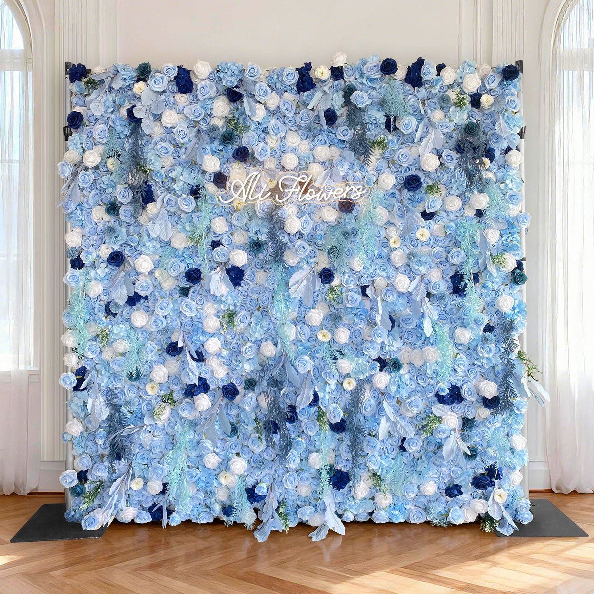 Aliflowers LIght Blue White Rose Roll Up Silk Flower Wall Backdrop for Wedding Decoration