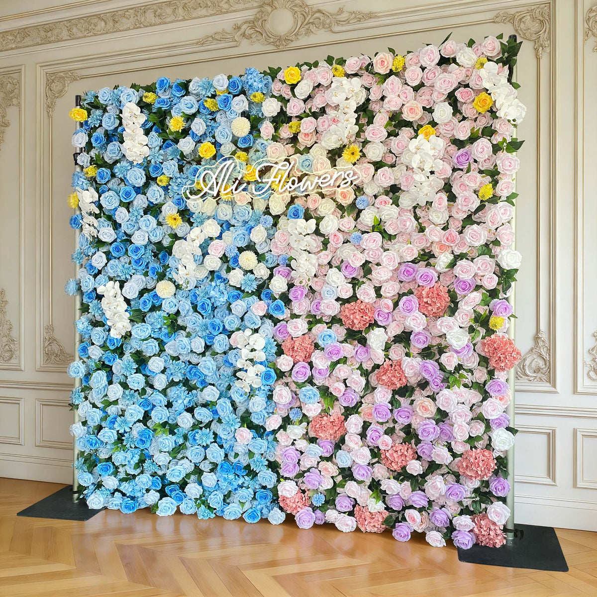 Aliflowers 5D Blue And Pink Rose And Hydrangea Floral Wall Backdrop, Suitable for Wedding Decoration ALFWL199