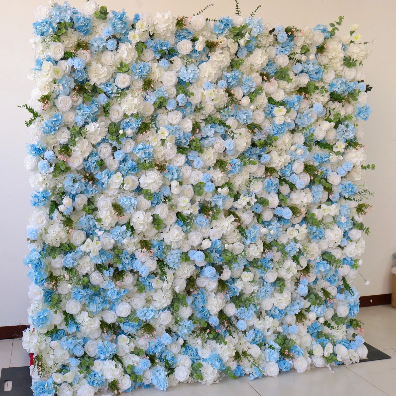 Ali Flowers LIght Blue White Rose Roll Up Silk Artificial Flower Wall Backdrop for Wedding Decoration ALFWL015 - Ali Flowers