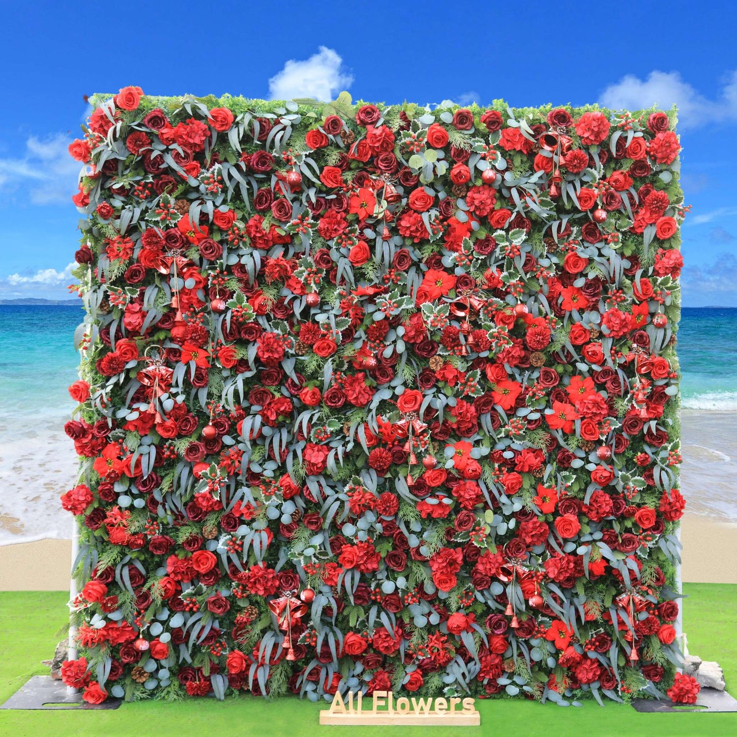 Aliflowers Christmas Artificial Rose Plant Backdrop Deco Wall Event Party Prop Rolling Up Curtain MCFL23002