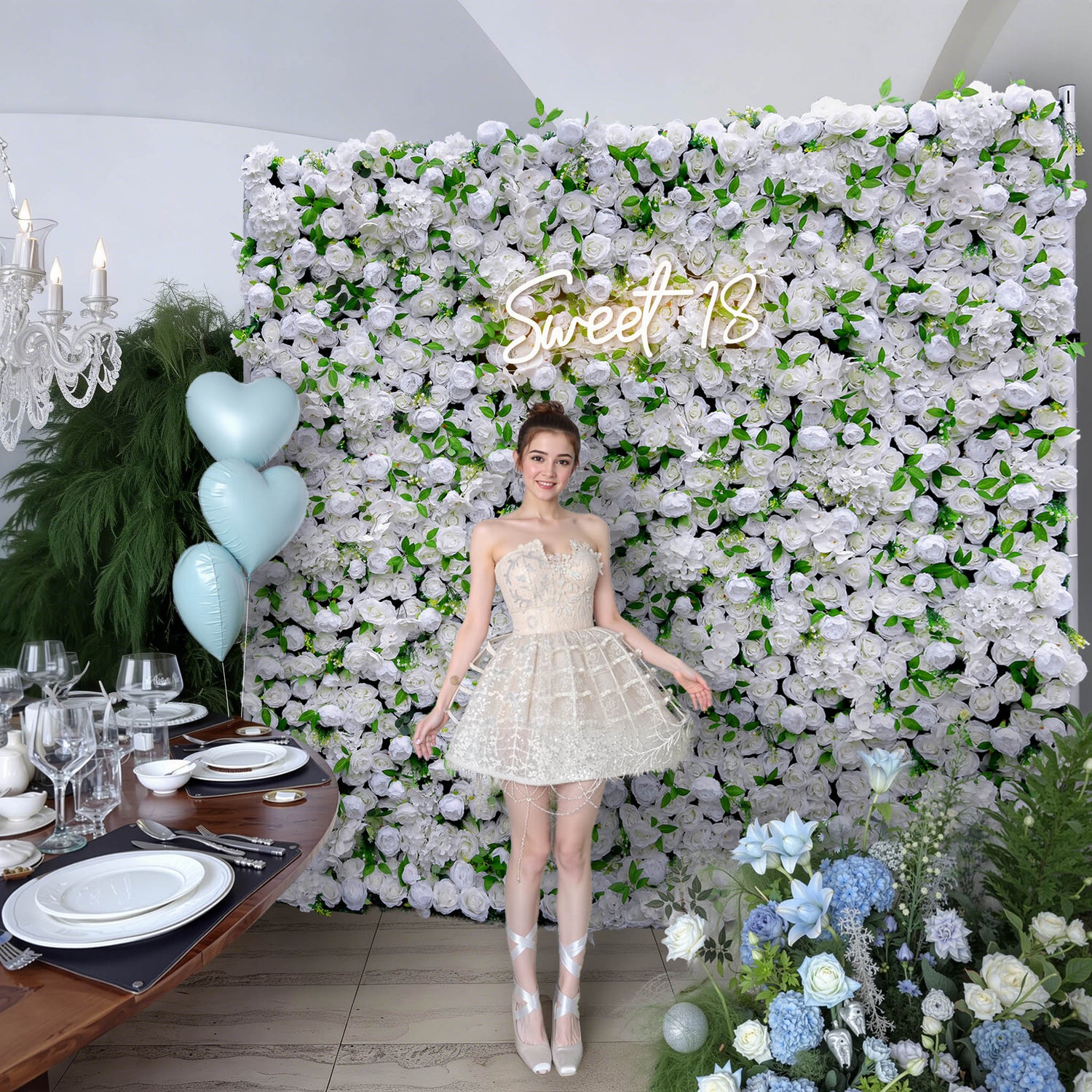 Aliflowers Cream Rose with Green Leaves Artificial Flowers Wall Decoration ALFWL105