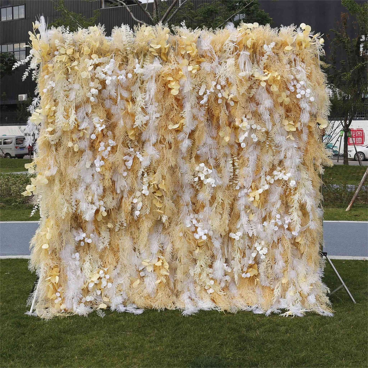 Aliflowers Artificial Handmade Dried Yellow Pampas Grass Wall for Event Party Wedding Backdrop Decor Prop ALFWL128