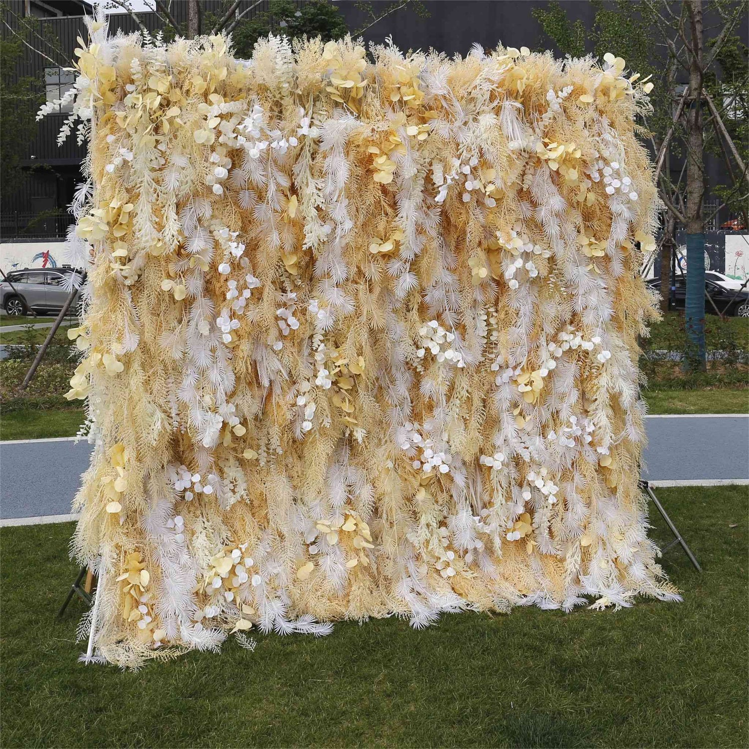 Aliflowers Artificial Handmade Dried Yellow Pampas Grass Wall for Event Party Wedding Backdrop Decor Prop ALFWL128