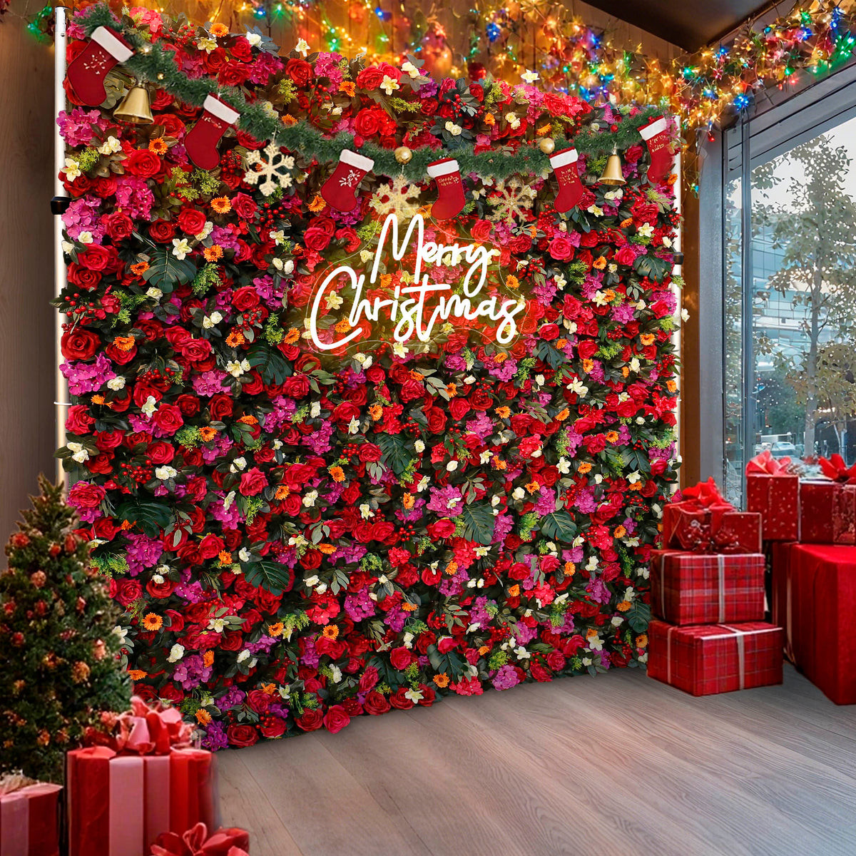 Aliflowers Red Rose with Hanging Greenery Artificial Flower Wall Backdrop ALFWL094 - Ali Flowers