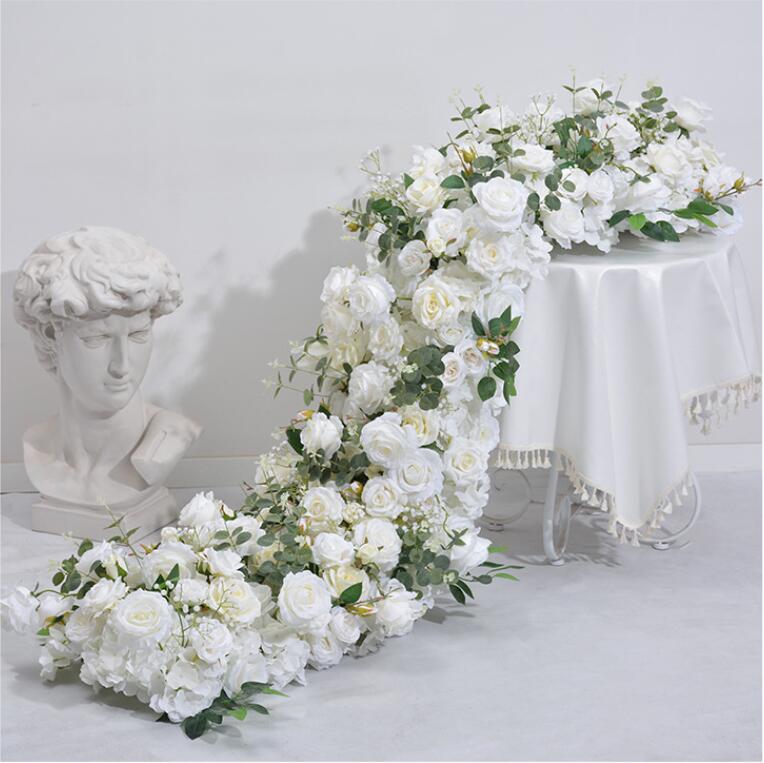 Aliflowers Classic Artificial Flower White Rose With Greenery Table Runner for Wedding ALFRW001 - Ali Flowers