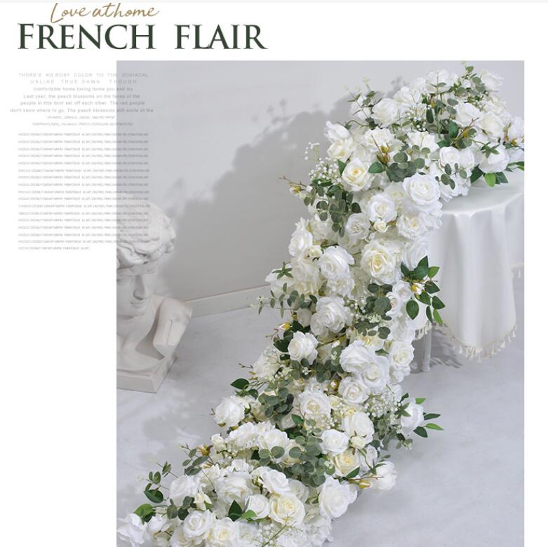 Aliflowers Classic Artificial Flower White Rose With Greenery Table Runner for Wedding ALFRW001 - Ali Flowers