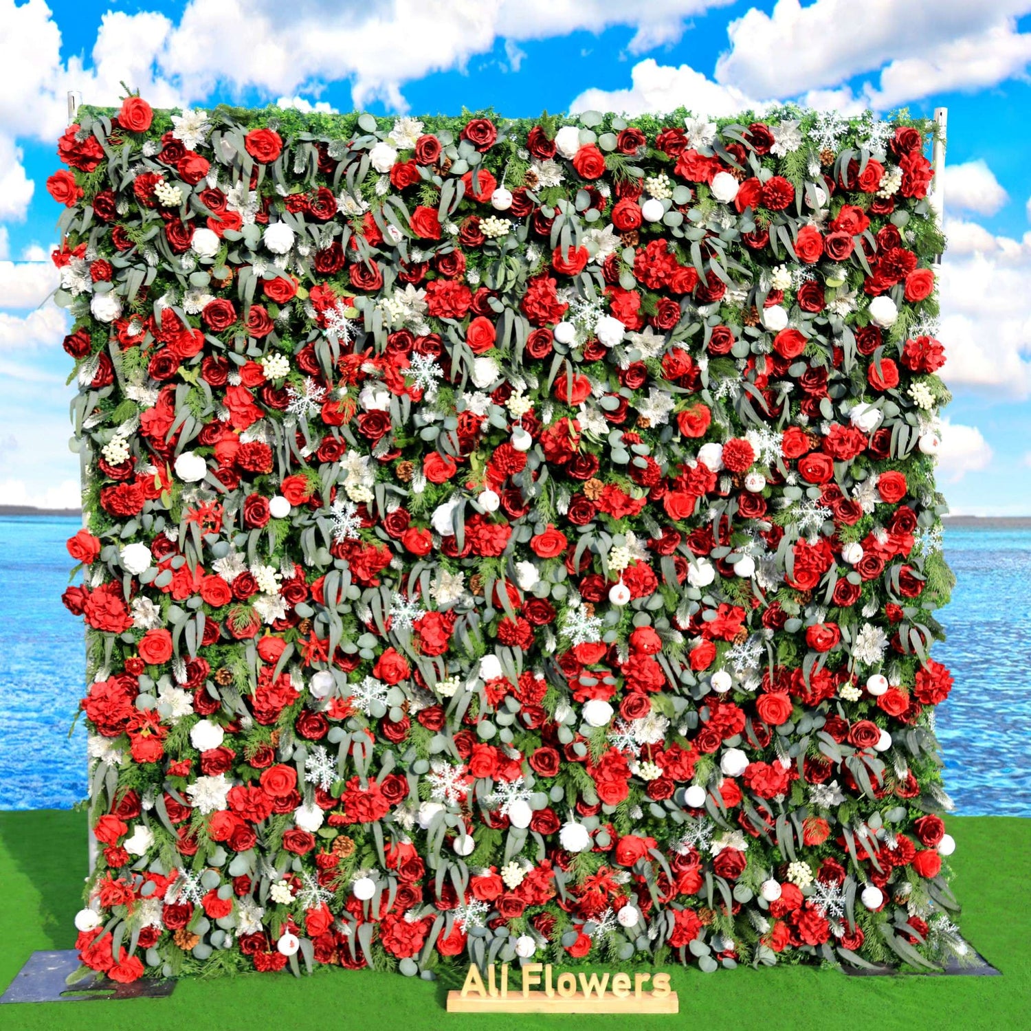 Aliflower Christmas Artificial Flower Wall Snow Rolling up Fabric Curtain Backdrop Decoration without Stand MCFL23003