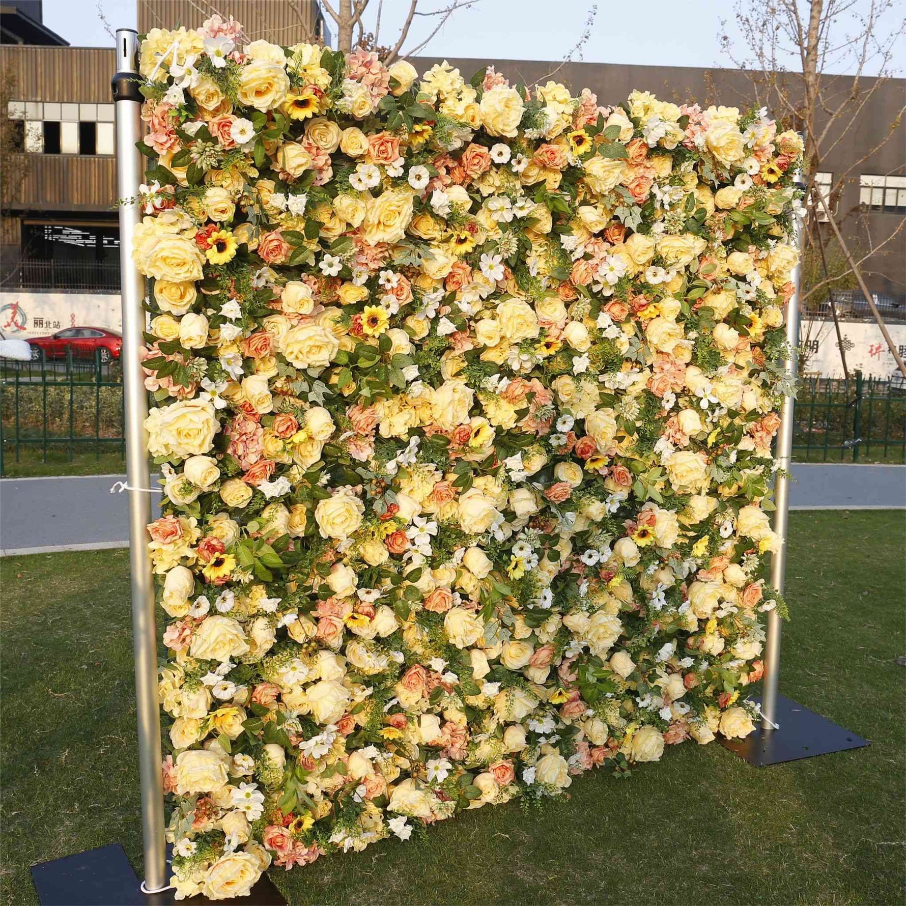 Aliflowers Sun Flowers with Green Hanging Curtain Plant Wall 3D Flowers ALFWL086 - Ali Flowers